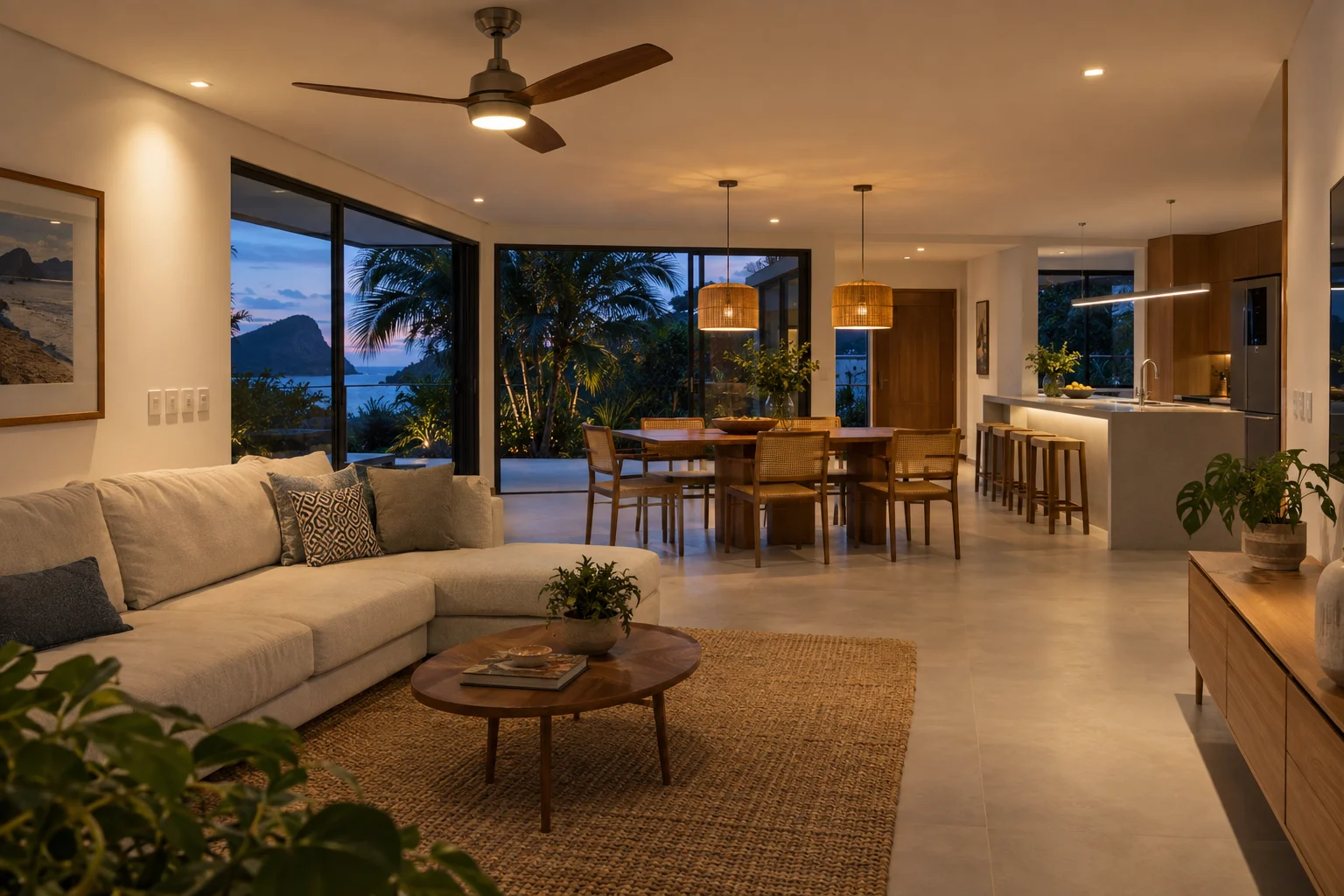 Sala residencial com iluminação de teto, pendentes e ventilador instalados.